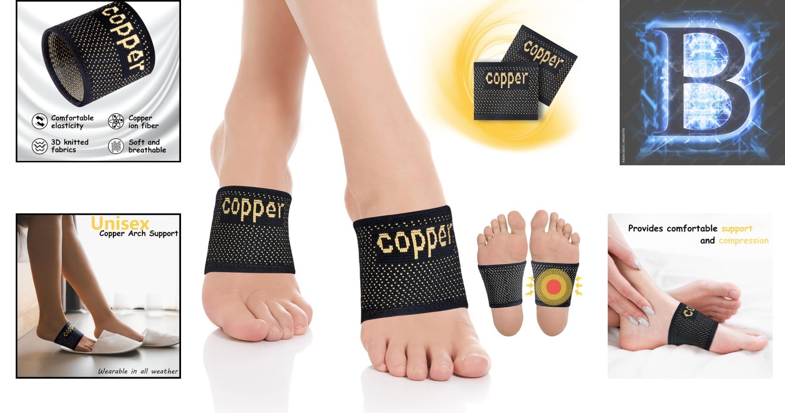 Ergonomic Copper Compression Feet Sleeves for Plantar Fasciitis Relief