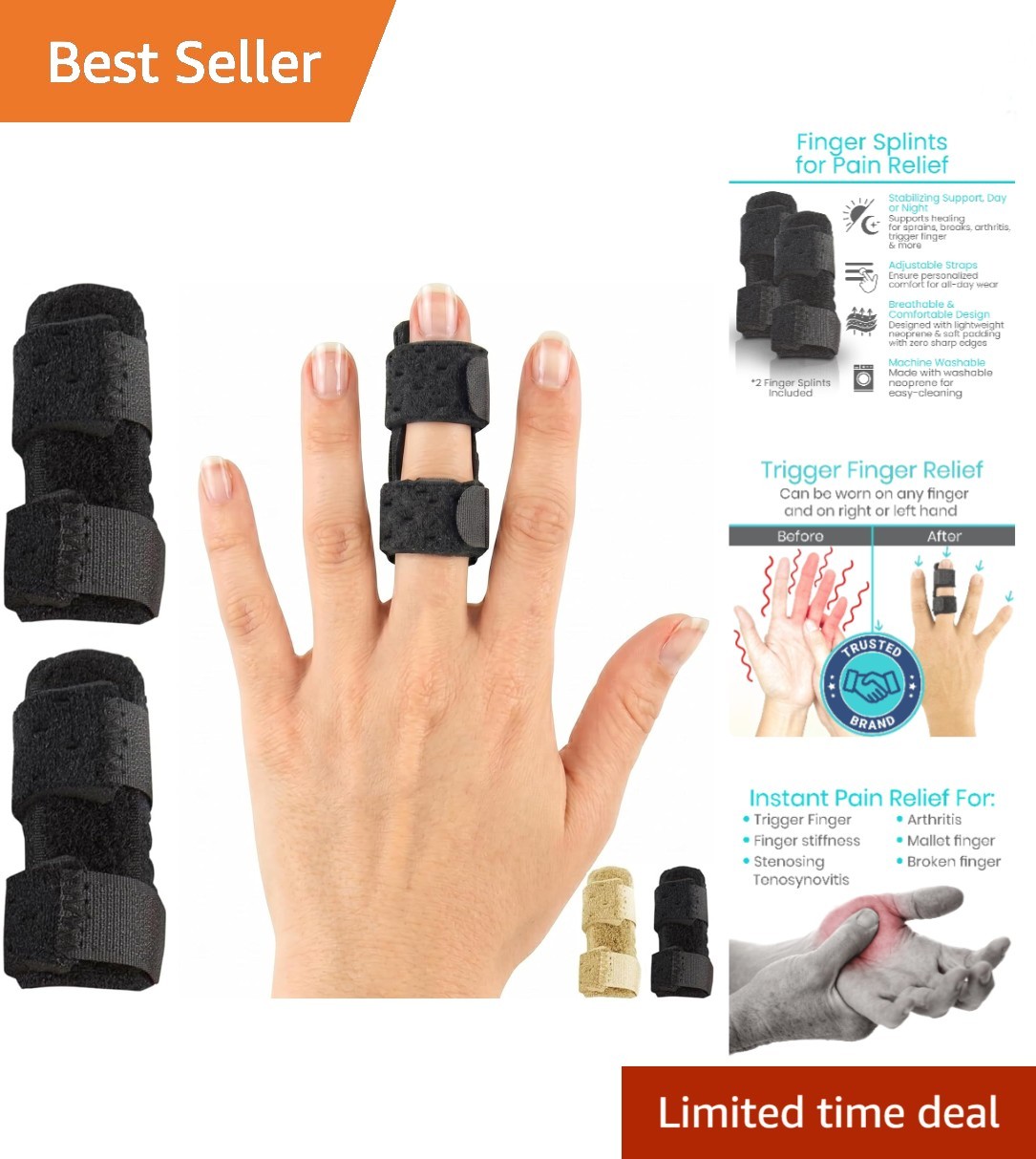 2 Pack Finger Splint-Universal Finger Straightener – Broken & Trigger – Black