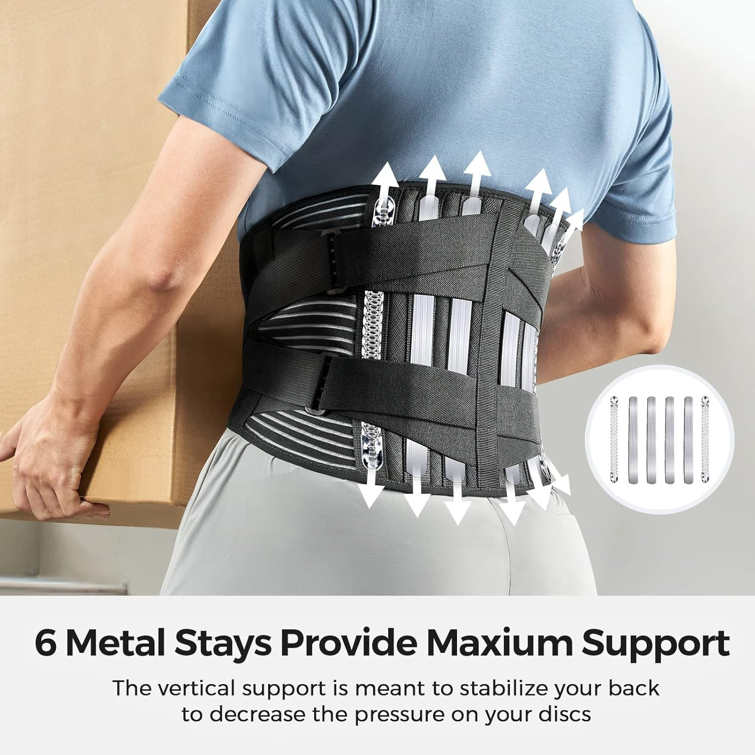 Adjustable Back Support Belt with 6 Stays Breathable Lumbar Waist Brace Size L