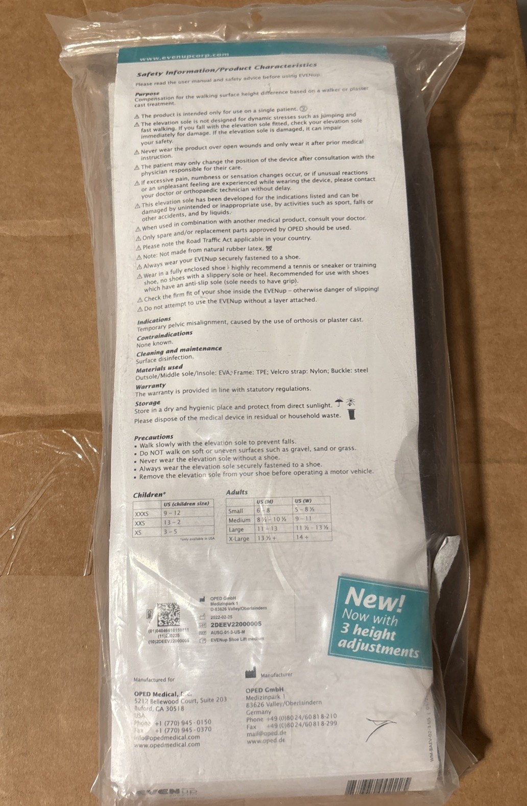 EVENup Shoe Lift Medium Adjustable Leg Length Cast Walker Boot Leveler Brand New