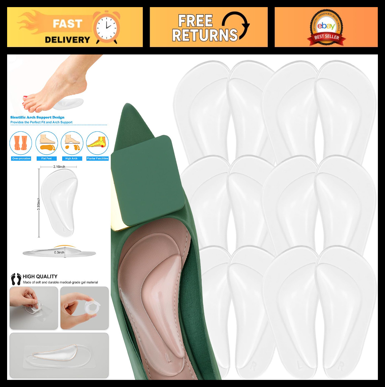 6 Pairs Gel Arch Support Insoles for Flat Feet, Plantar Fasciitis Relief, Reusab