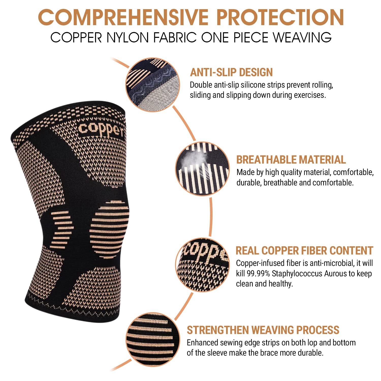 Copper Compression Sleeve Knee Brace Arthritis Joint Support Pain Relief Workout