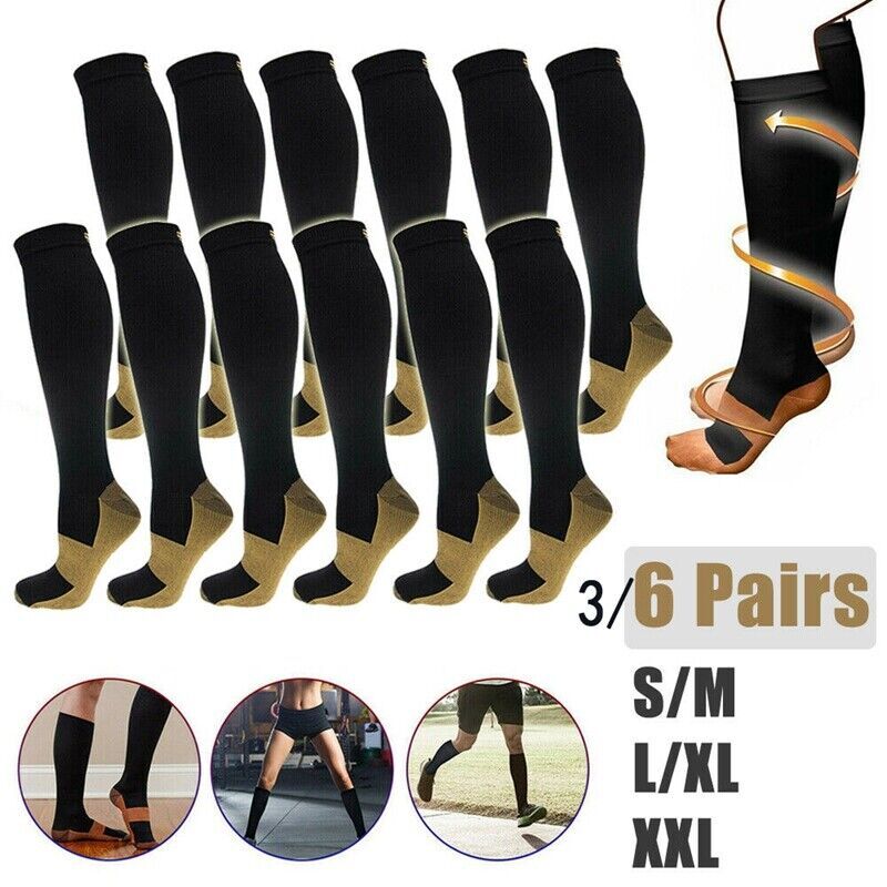 (S-XXL) Copper Compression Support Socks 20-30mmHg Knee High Unisex 3/6 Pairs–