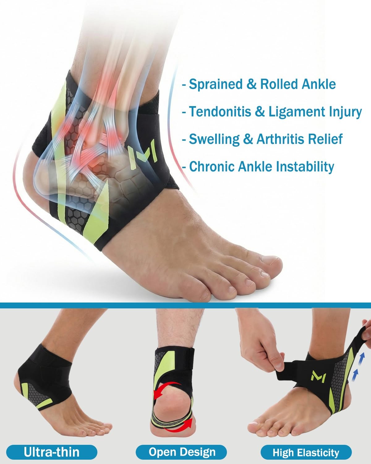 2 PCS Ankle Brace Adjustable Lace Up Compression Sleeve Plantar Fasciitis Gray