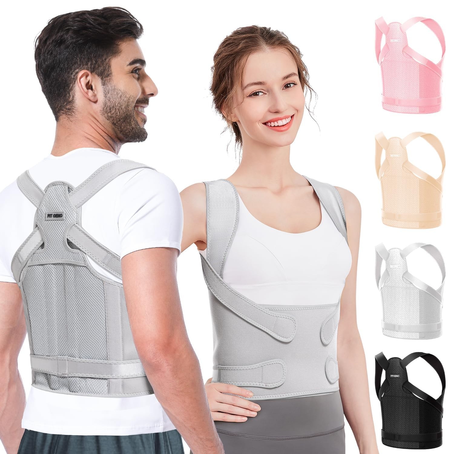 Fit Geno Posture Corrector for Women & Men, Back Shoulder Medium, Gray