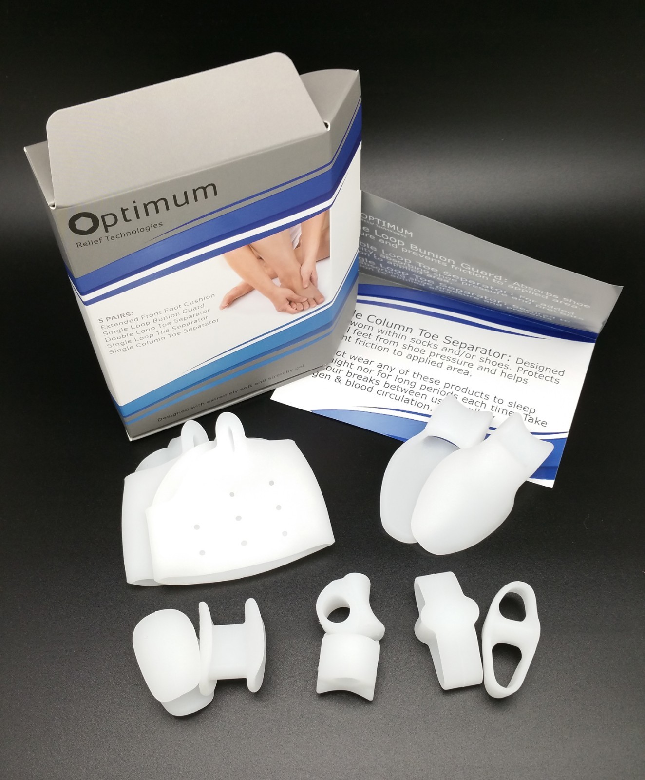 Optimum Relief Bunion Pads & Toe Spacers Soft Gel Separator Cushions 5 Pairs