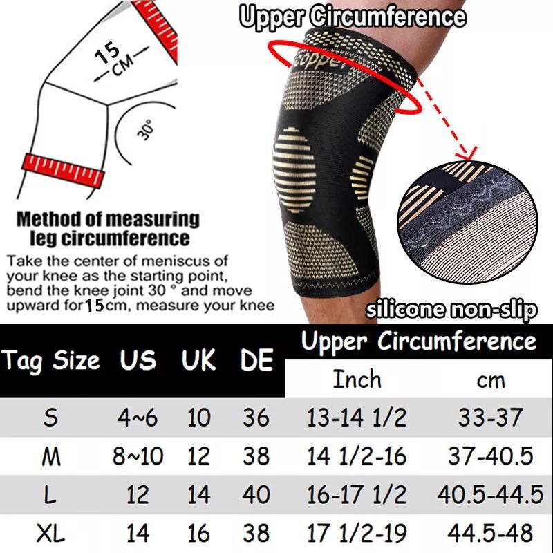Knee Sleeve Compression Brace Support Gear Joint Pain Relief Protection Copper+