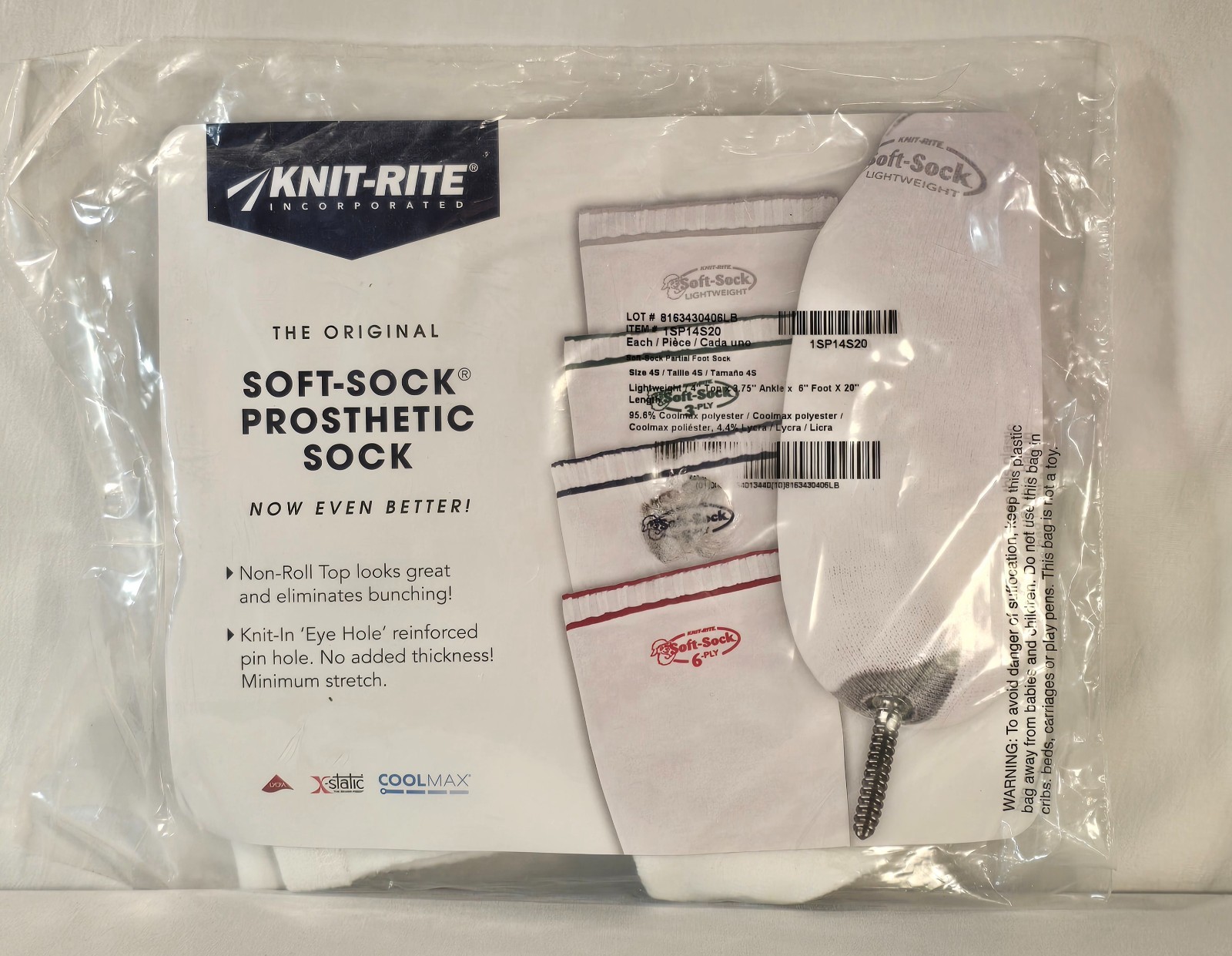 Knit-Rite 6 Ply Soft-Sock Prosthetic Sock-Now Even Better! Size 4S-New!