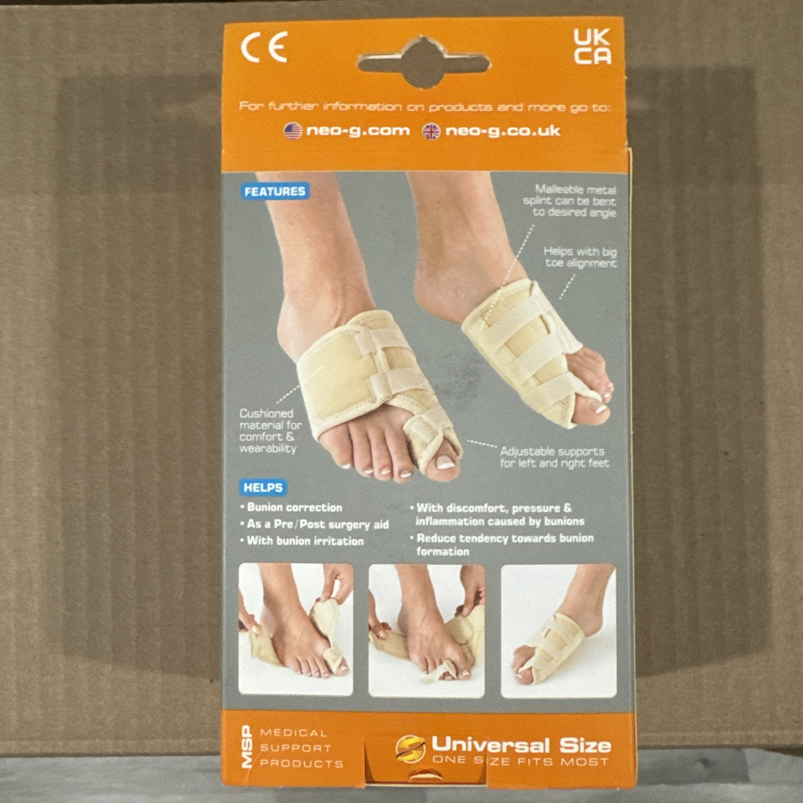NEO G Bunion Correction System One Pair Soft Support Adjustable Brace One Size