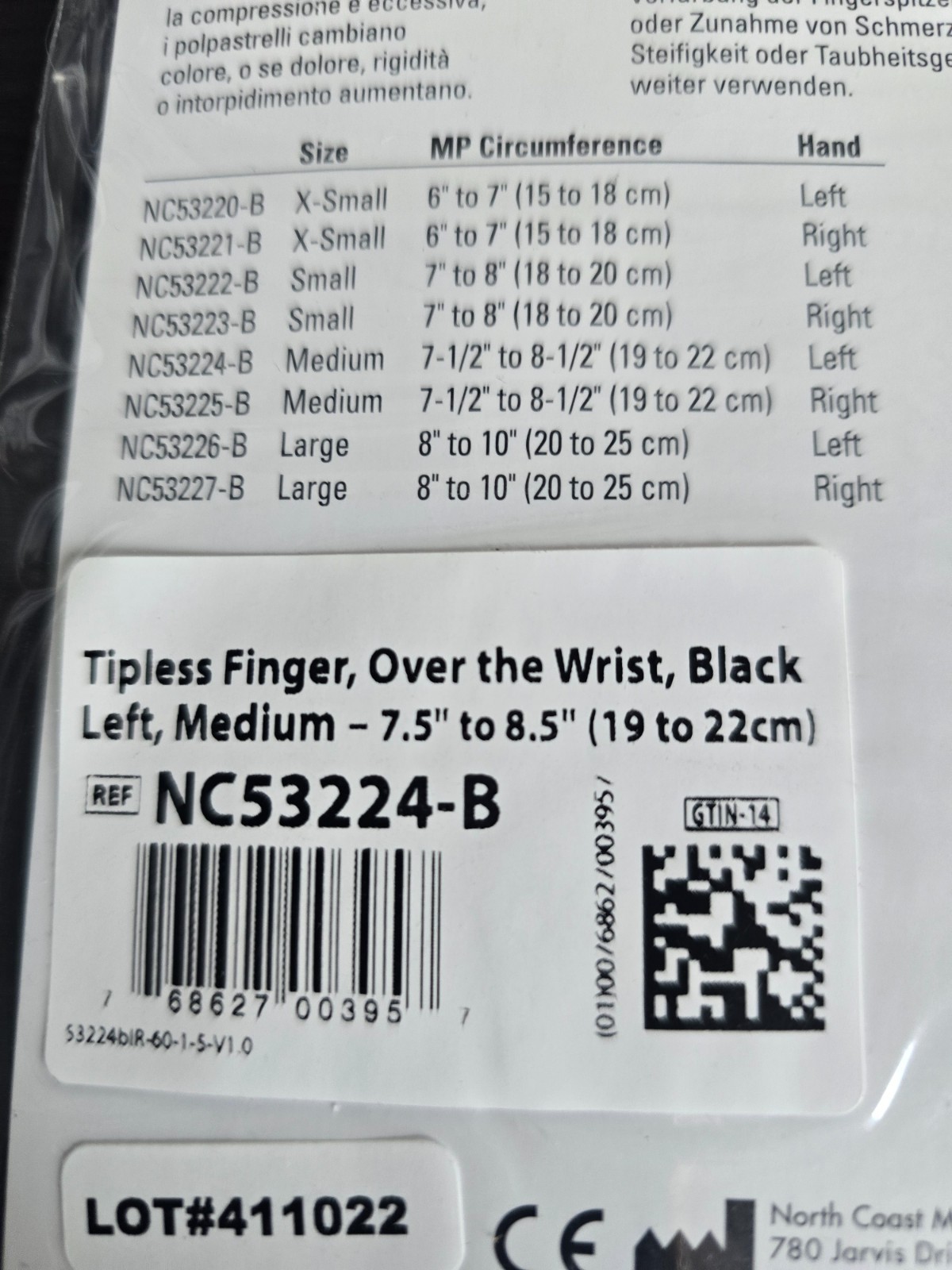 Norco Compression Glove – NEW Black LEFT Medium Tipless Finger, Over the Wrist