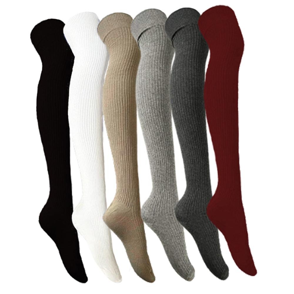 Women Striped Thigh High Socks Over Knee Warm Wool Stockings Winter Leg Warmers