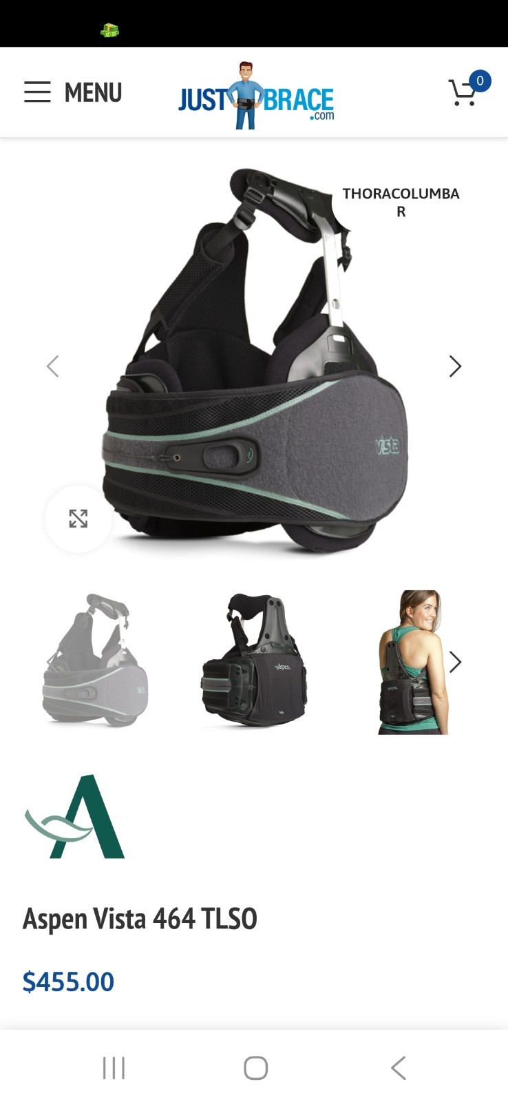 Aspen Vista 464 TLSO Back Brace Adjustable Thoracolumbar Support Black