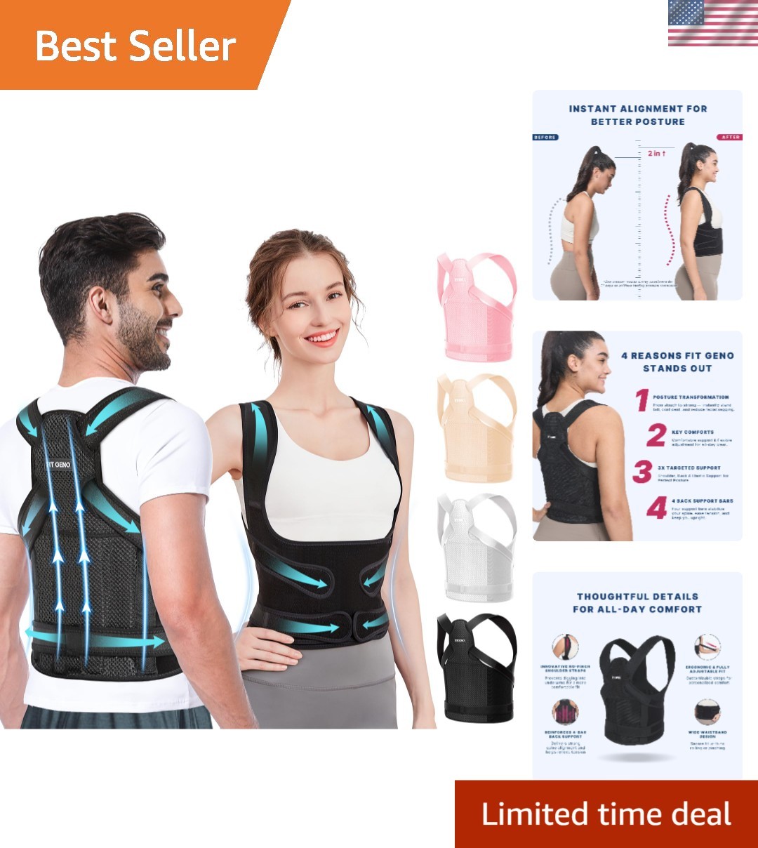 Ultimate Back Support Brace for Upper and Lower Pain Relief – Adjustable Fit