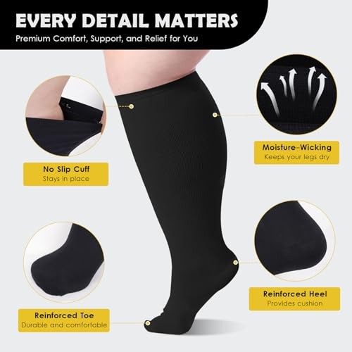 Zipper Plus Size Compression Socks for Women Men Wide Calf, 15 3X-Large Black