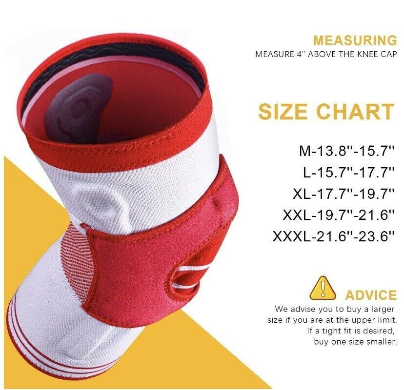 Knee Compression Sleeve Brace w Side Stabilizers, Patella Gel Pads (MEDIUM, Red)