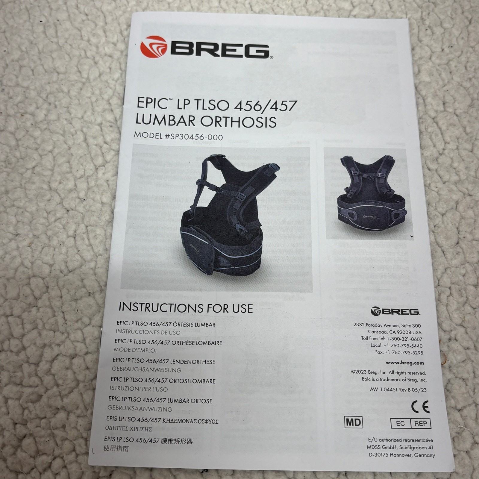 Breg Epic LP TLSO 456/457 Adjustable Back Brace Lumbar Orthosis SP30456-000
