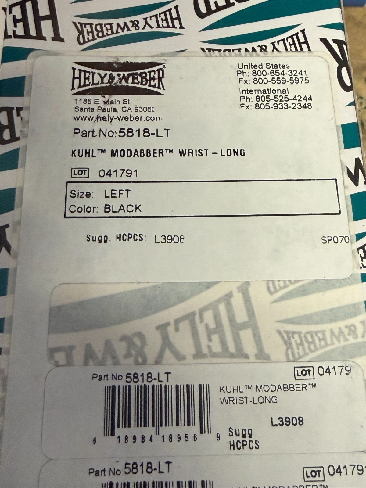 Hely & Weber 5818-LT Kuhl Modabber Left Wrist Long Black Brace 618984189569