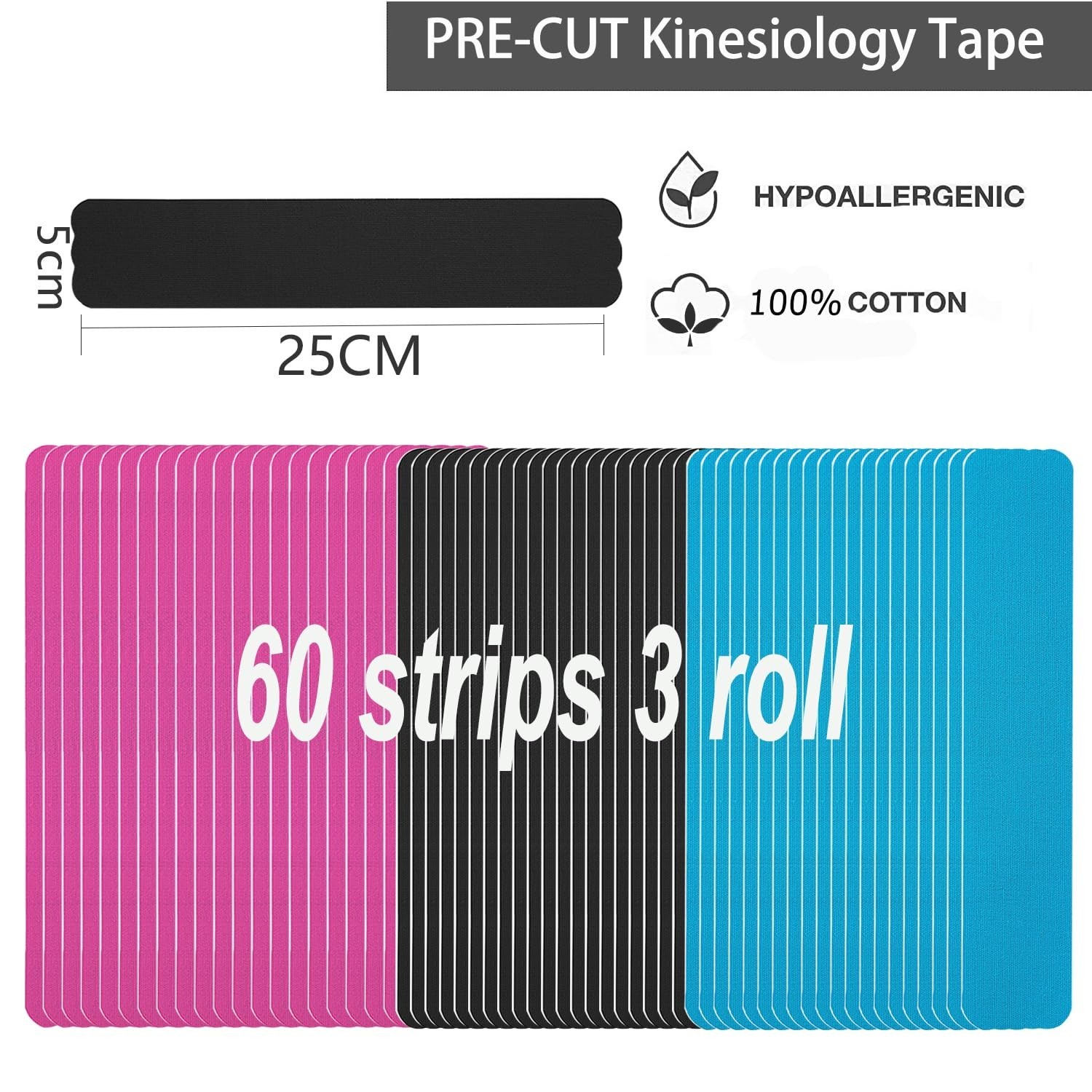 Precut Kinesiology Tape Strips – 3 Rolls (60 Strips) Waterproof, Breathable, Lat