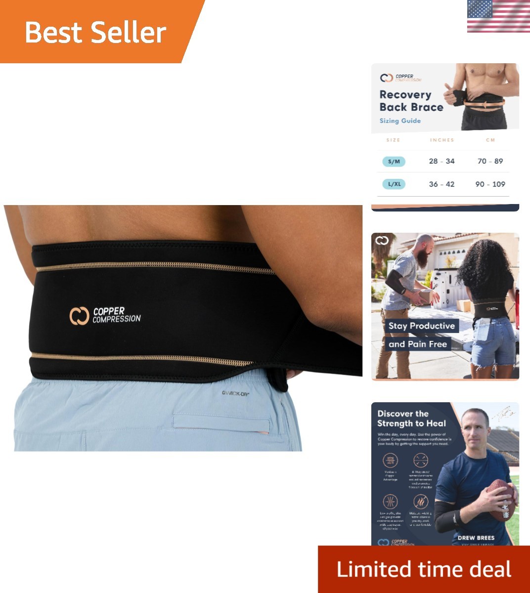 Lightweight & Adjustable Copper Infused Back Brace for Back Pain Relief 28″-34″