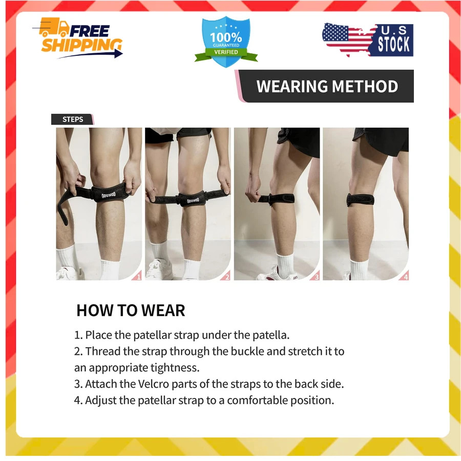 Patellar Tendon Knee Support Strap 2 Pack Pain Relief Band Black
