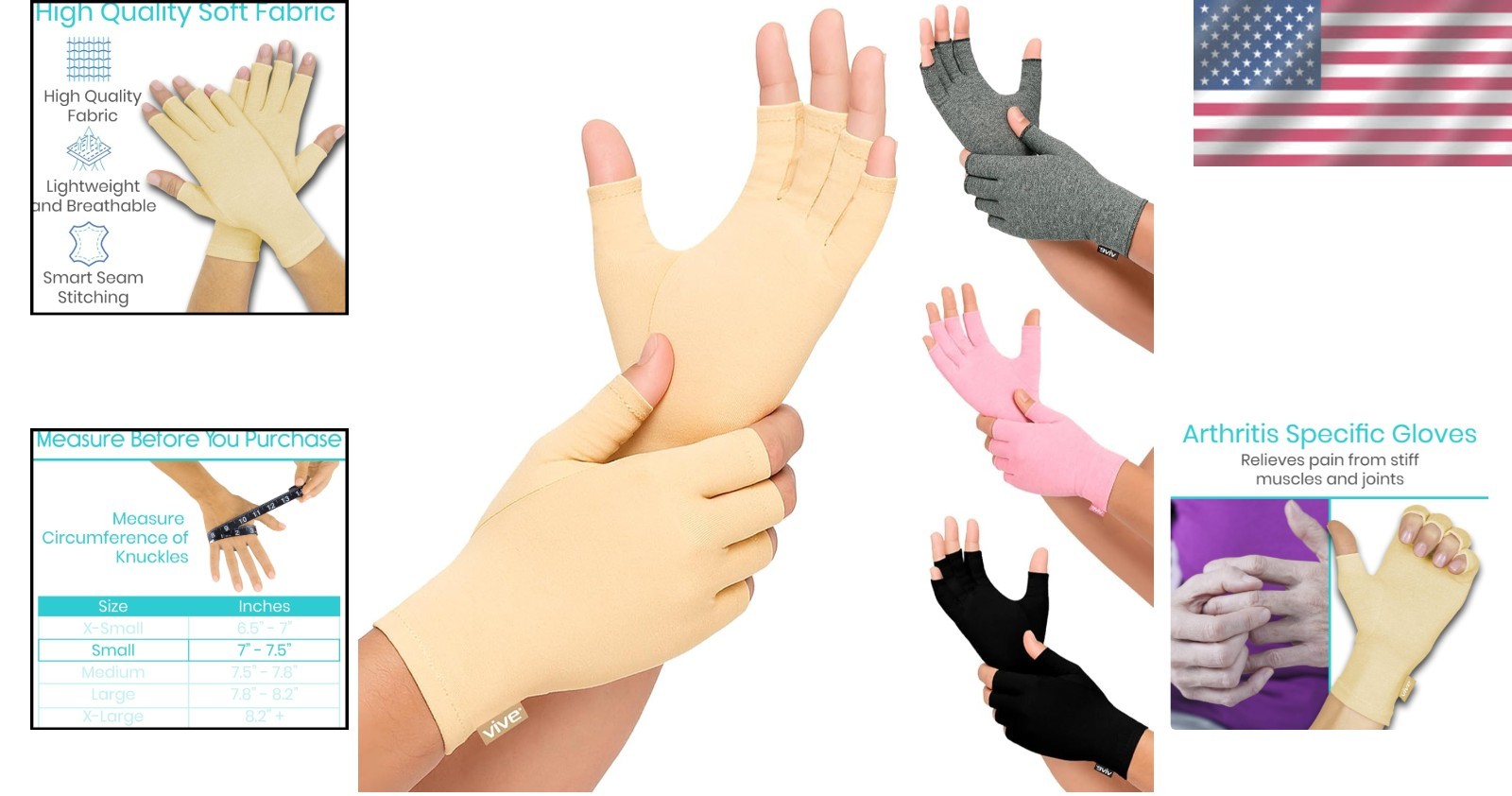 Pain-Relieving Open Finger Compression Gloves for Arthritis – Small Size, Beige