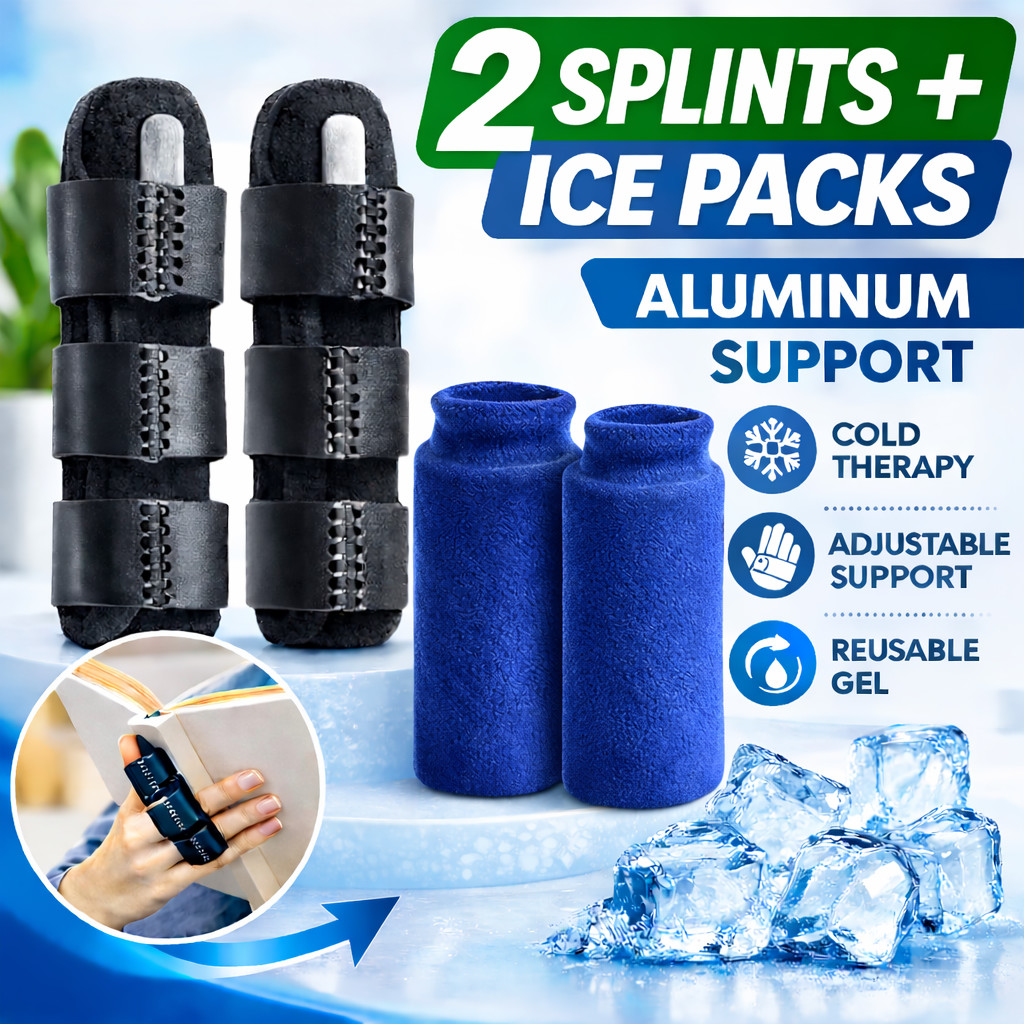 Finger Splint & Ice Pack Set 2+2 Adjustable Support Brace for Index Thumb Pain