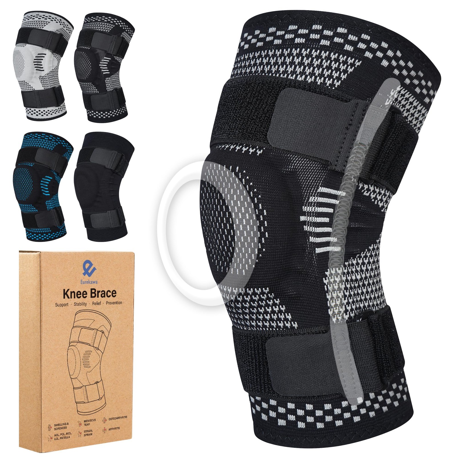 EUREKAWA Knee Brace with Non Slip Seam Strip – XXX-Large, Dark Gray