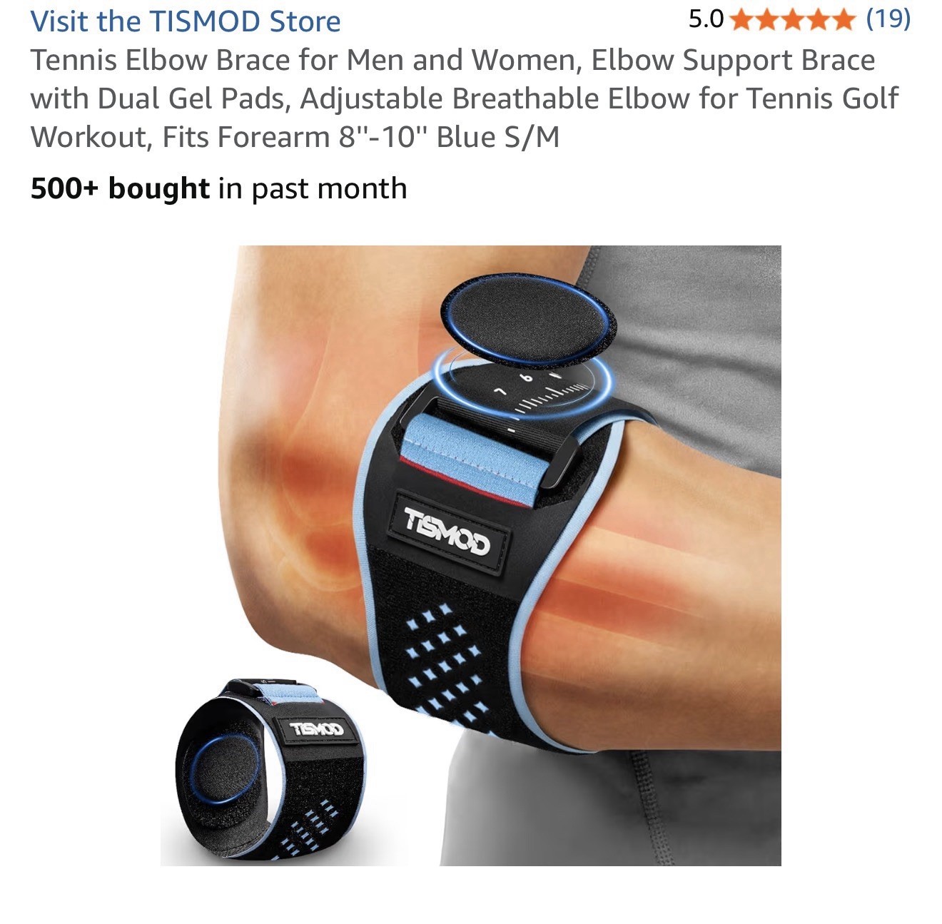 TISMOD Adjustable Tennis/Golf Elbow Brace w/ Dual Gel Pads S/M Black/Blue