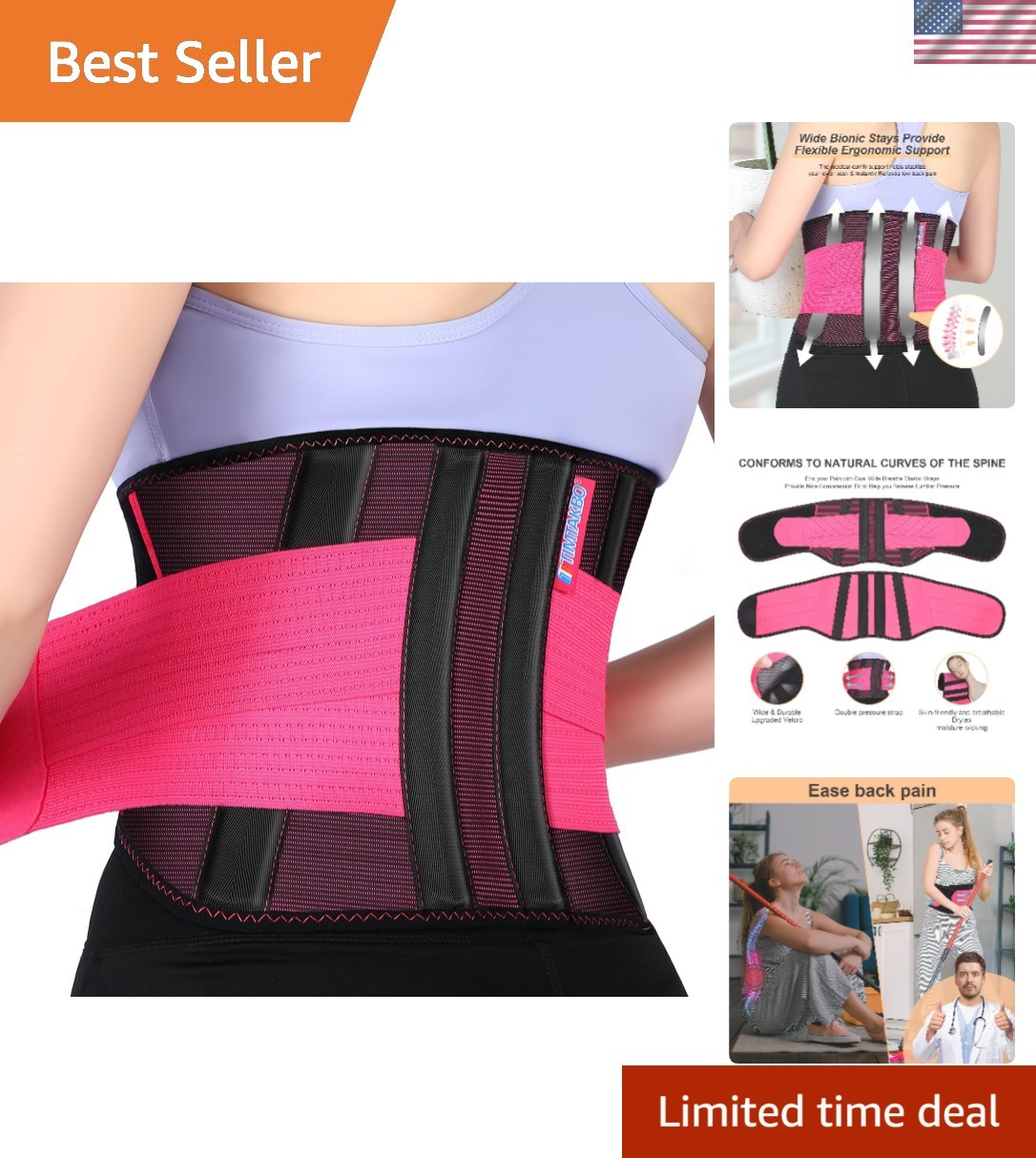 2.0 Lower Back Brace for Women – Pain Relief & Support S/M Red (25-31″ Waist)