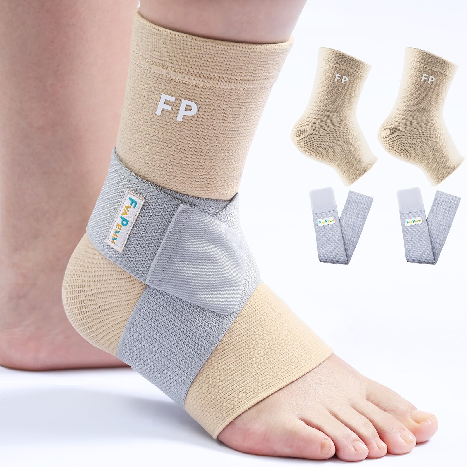 Medium, Ankle Brace with Adjustable Strap, Nude, Copper Infused for Women Men