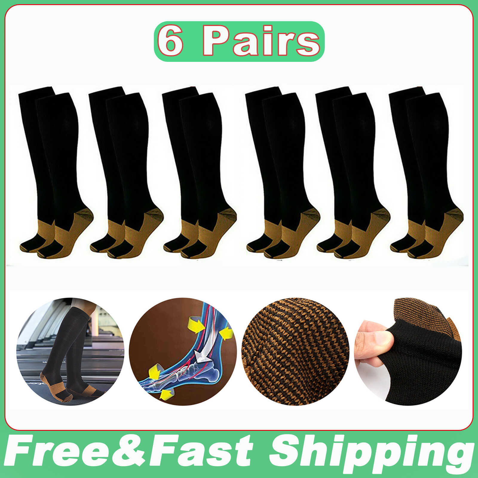 6 Pairs Copper Compression Socks 20-30mmHg Graduated Support Mens Womens S/M-XXL