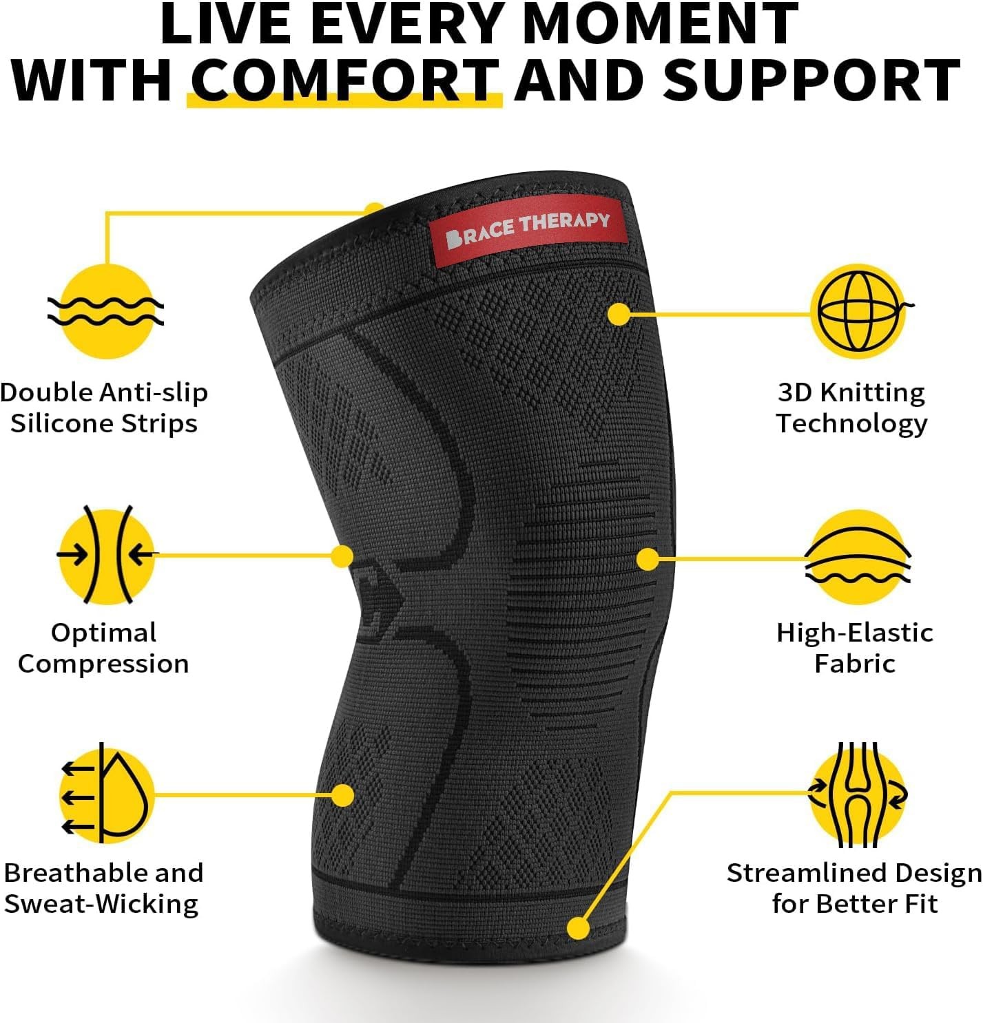 Brace Therapy Knee Compression Sleeve for Men & Large – 1 PC, Black