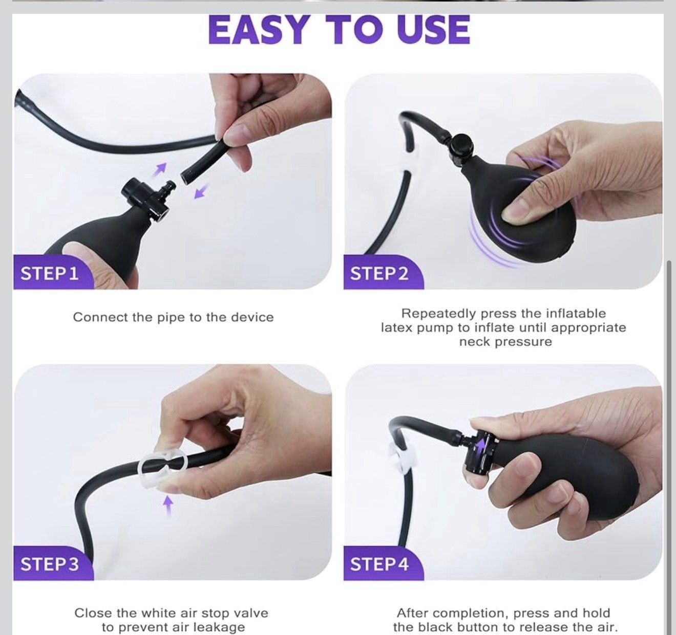 Inflatable Adjustable Neck Traction Cervical Support Collar w/ Hand Pump Purple