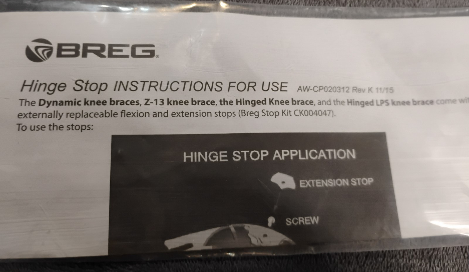 BREG Hinge Stop Z-13 Dynamic Knee Brace Hardware ONLY AW-CP020312 w/Manual