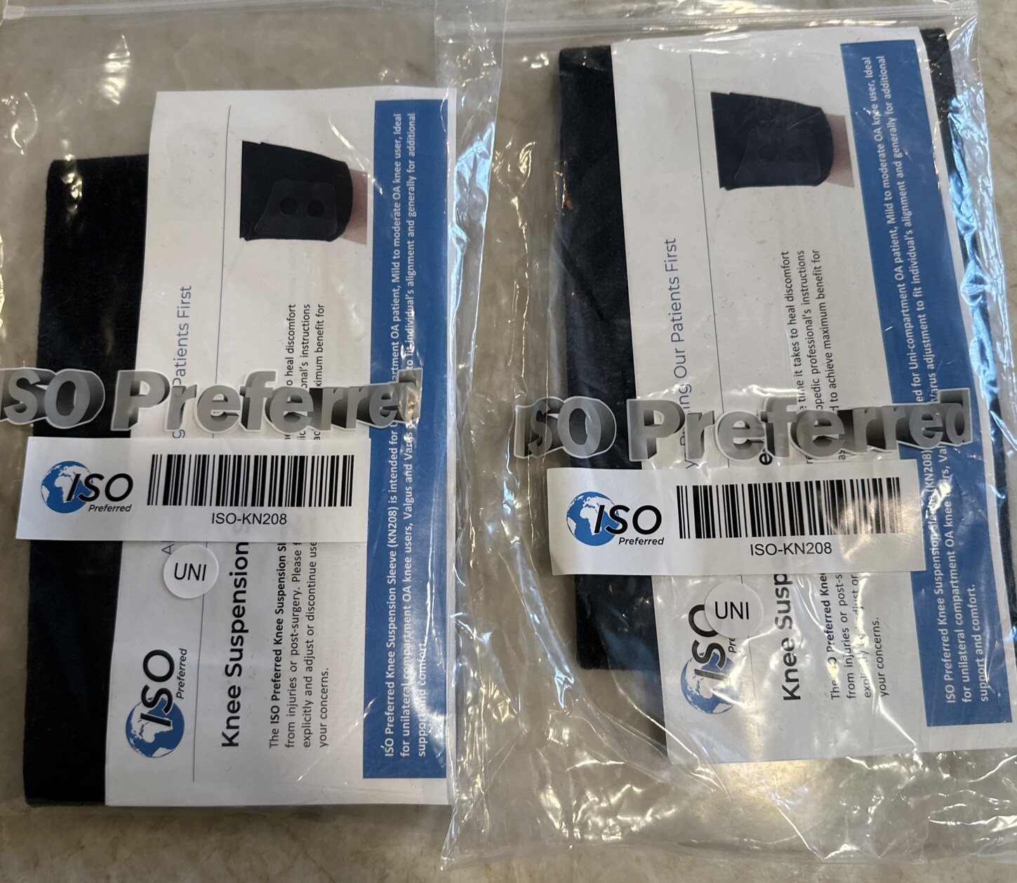 ISO Preferred KN208 Universal Size Knee Suspension Sleeve Set Of 2 NEW SEALED