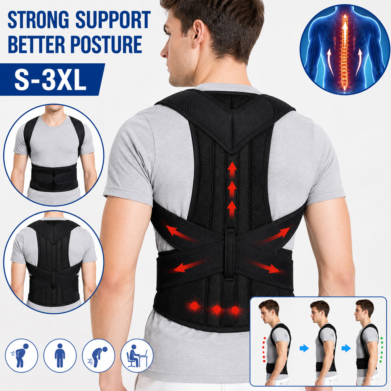 Adjustable Posture Corrector Low Back Support Shoulder Brace Belt for Men Women