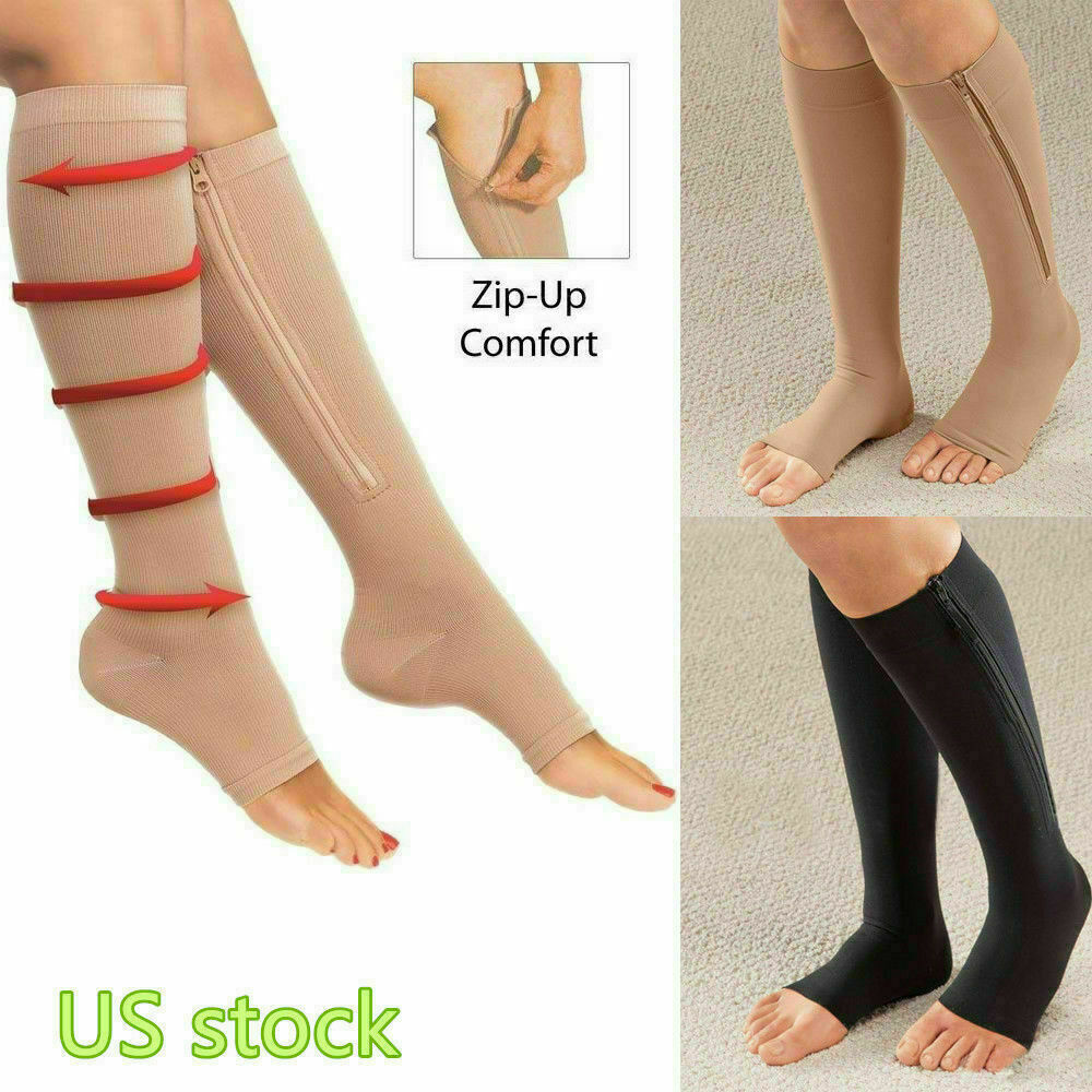 Zipper Compression Socks Toeless Long Length Stockings Support for Legs & Muscle