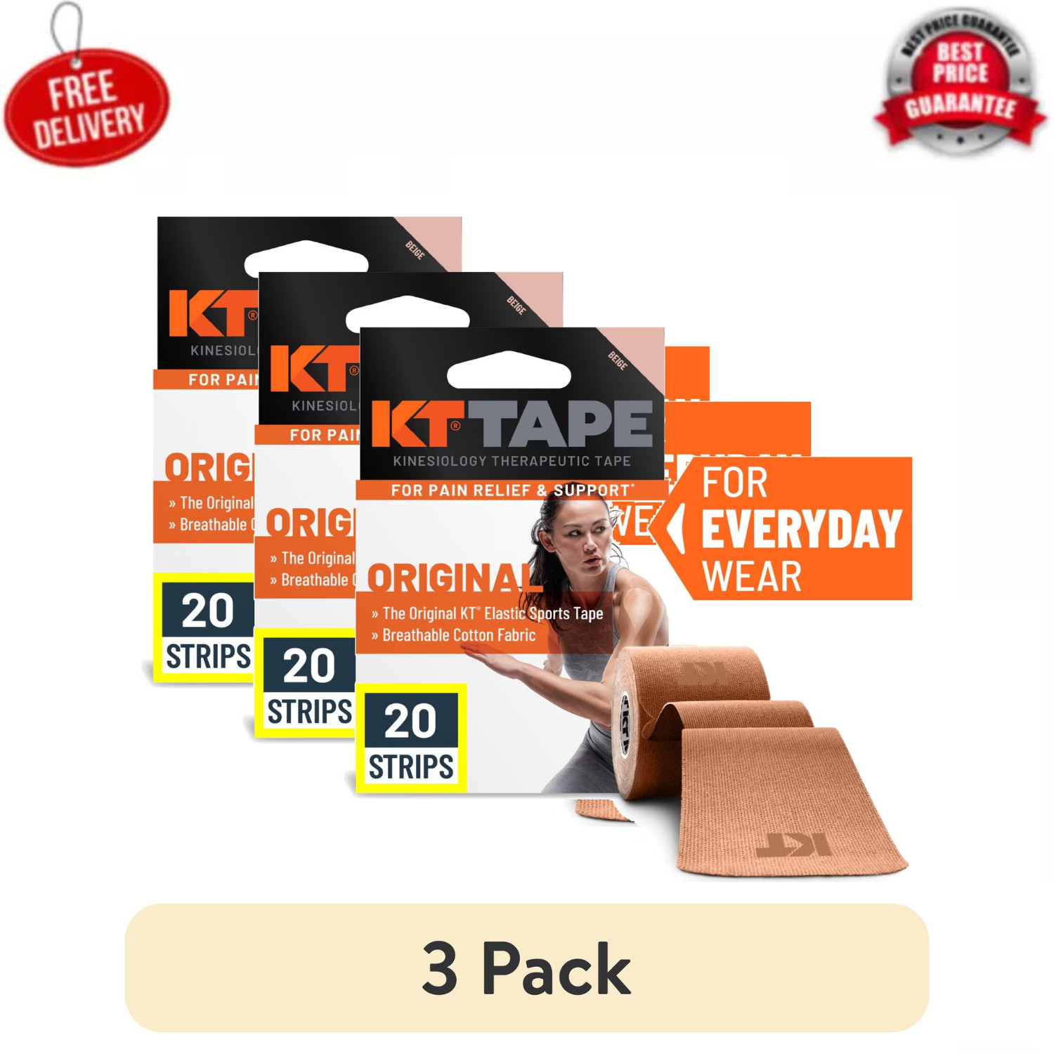 (3 pack) KT Tape Original Cotton Kinesiology Tape, Beige, 20 Precut Strips