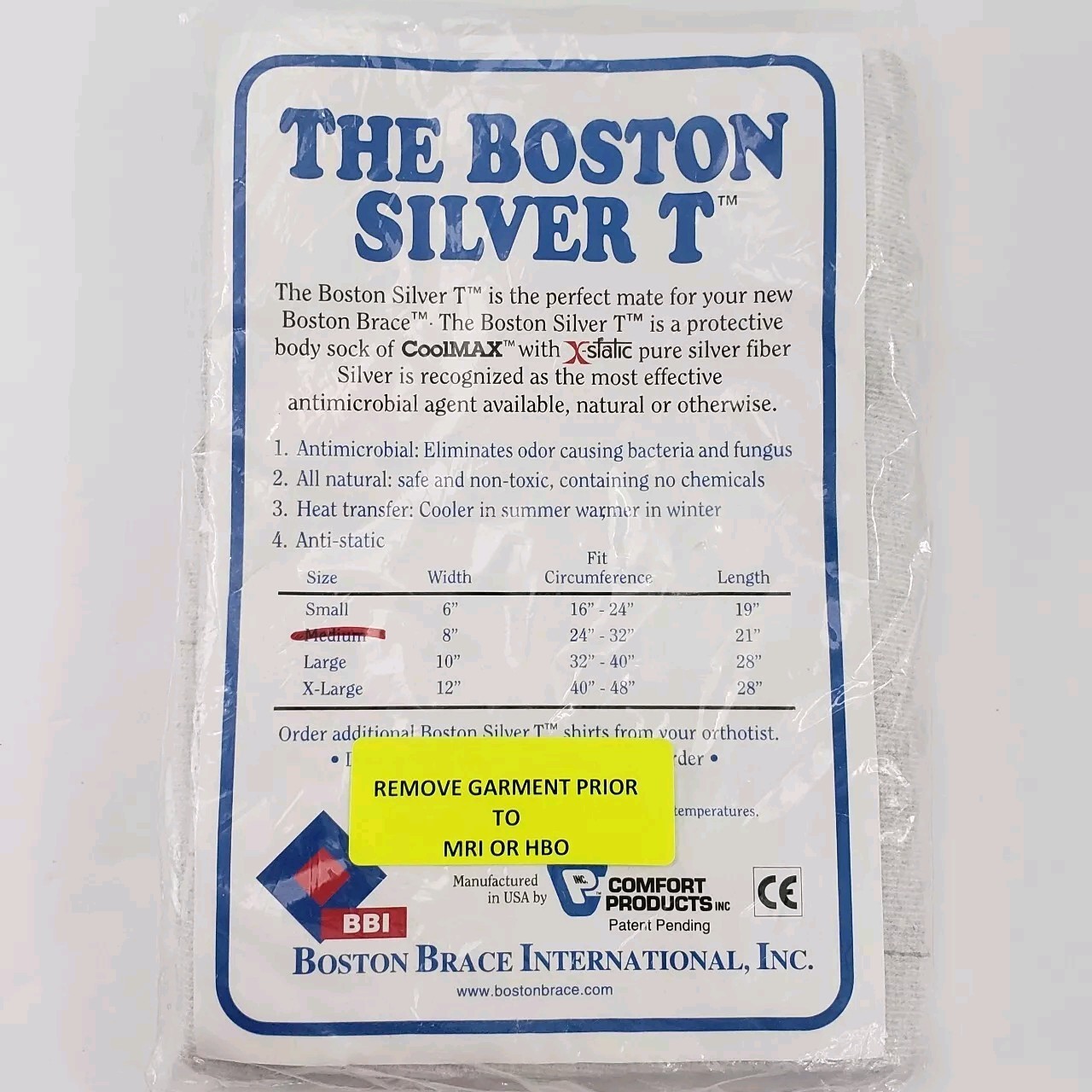 Boston Brace Scoliosis Body Sock Sz Med – Silver T Single Flap 8″x21″ NEW Sealed