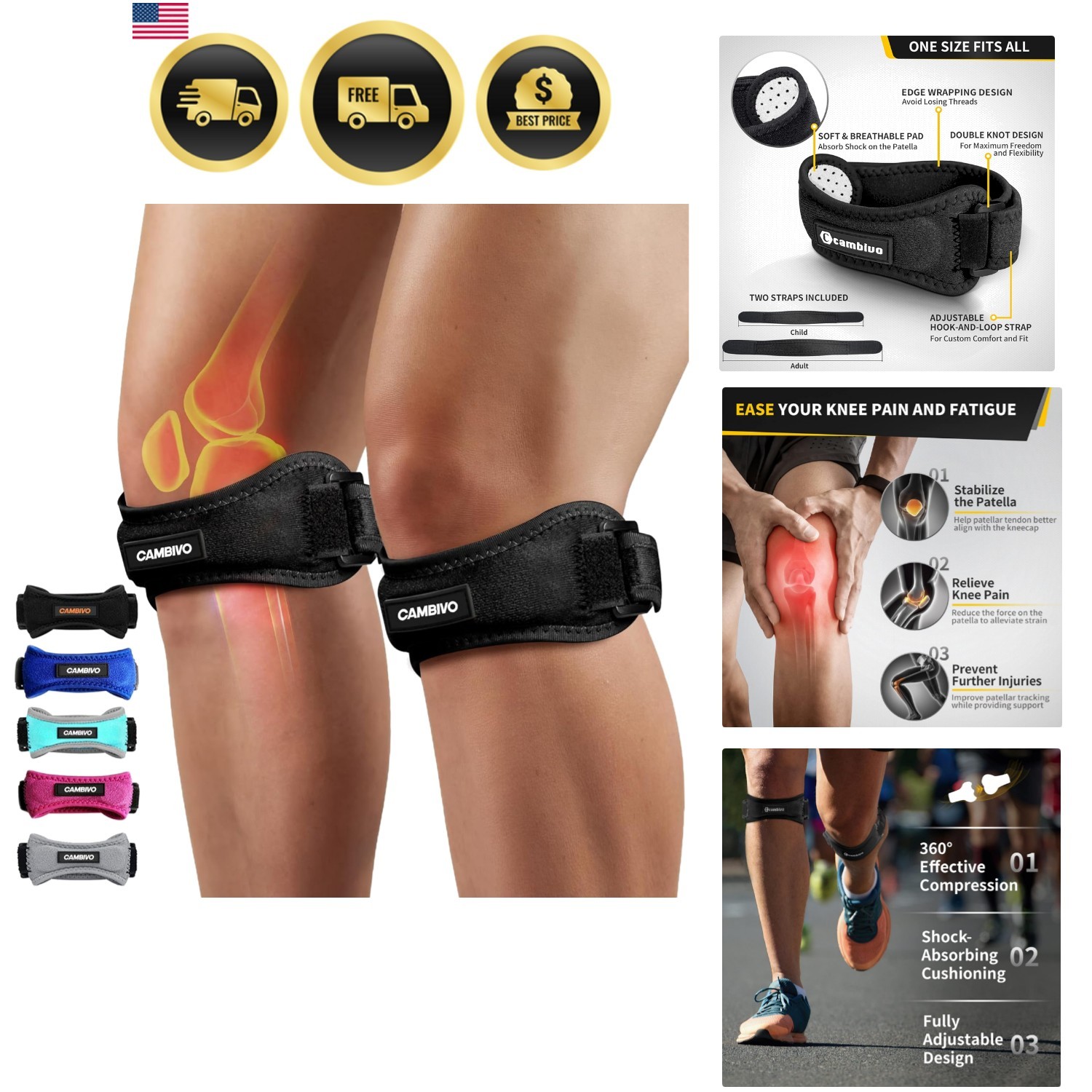 2 Pack Patella Tendon Knee Straps, Knee Brace for Women & Men with Extra Stra…