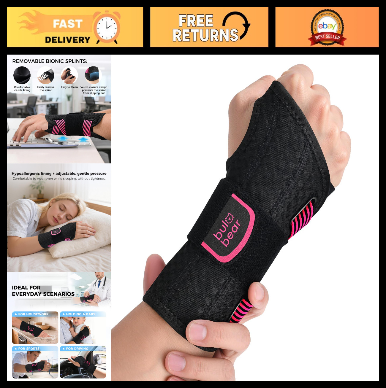 Wrist Brace for Carpal Tunnel Relief, Removable Splints, Breathable Support, Nig