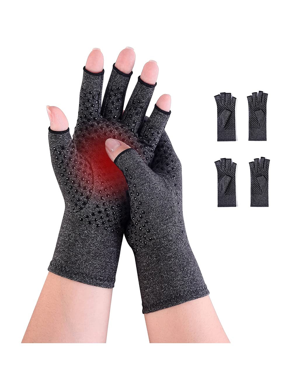 Anti-Slip Arthritis Compression Gloves, Fingerless – 2 Pairs, M