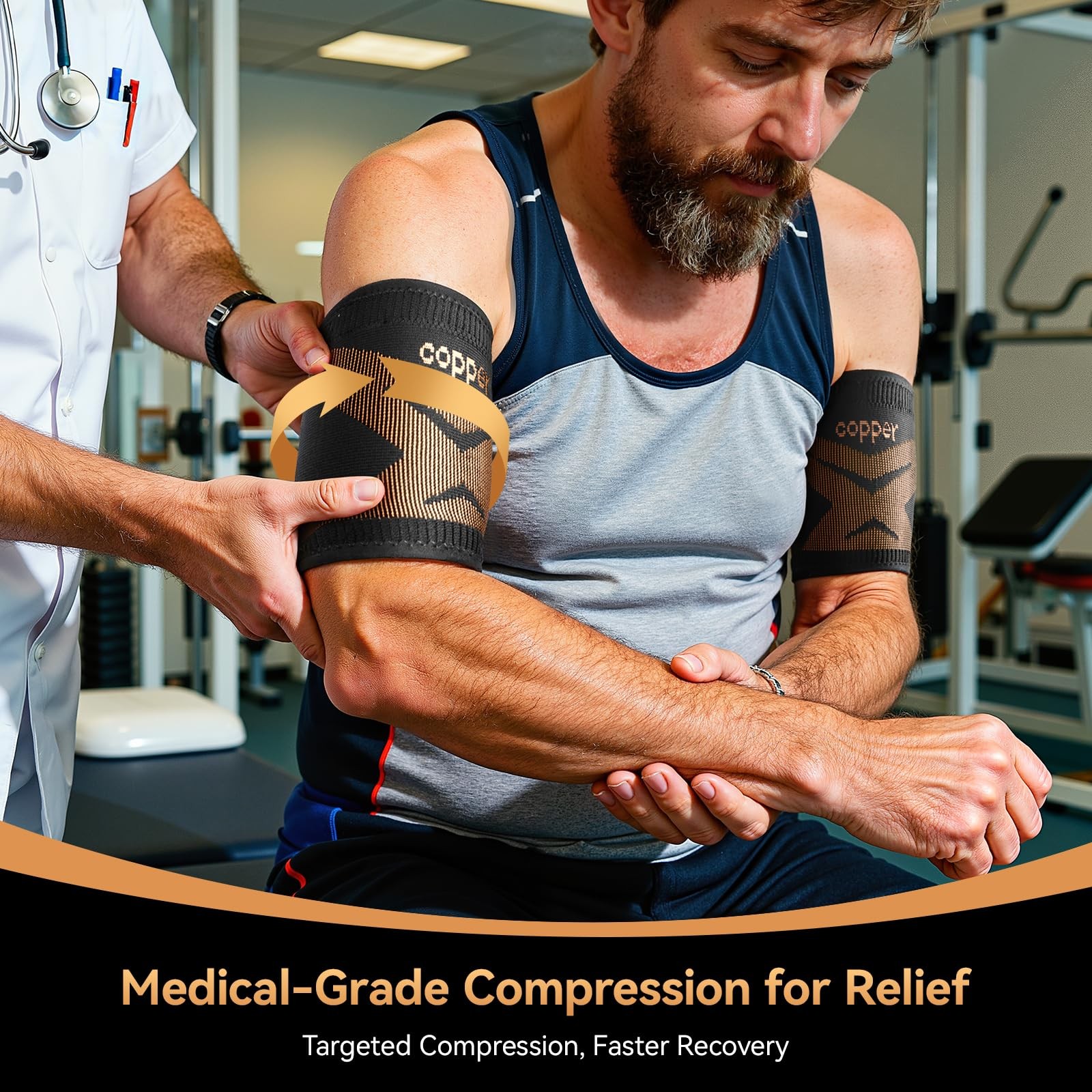 Copper Bicep Tendonitis Brace, Upper Arm Compression Sleeve Large, Deep Gold