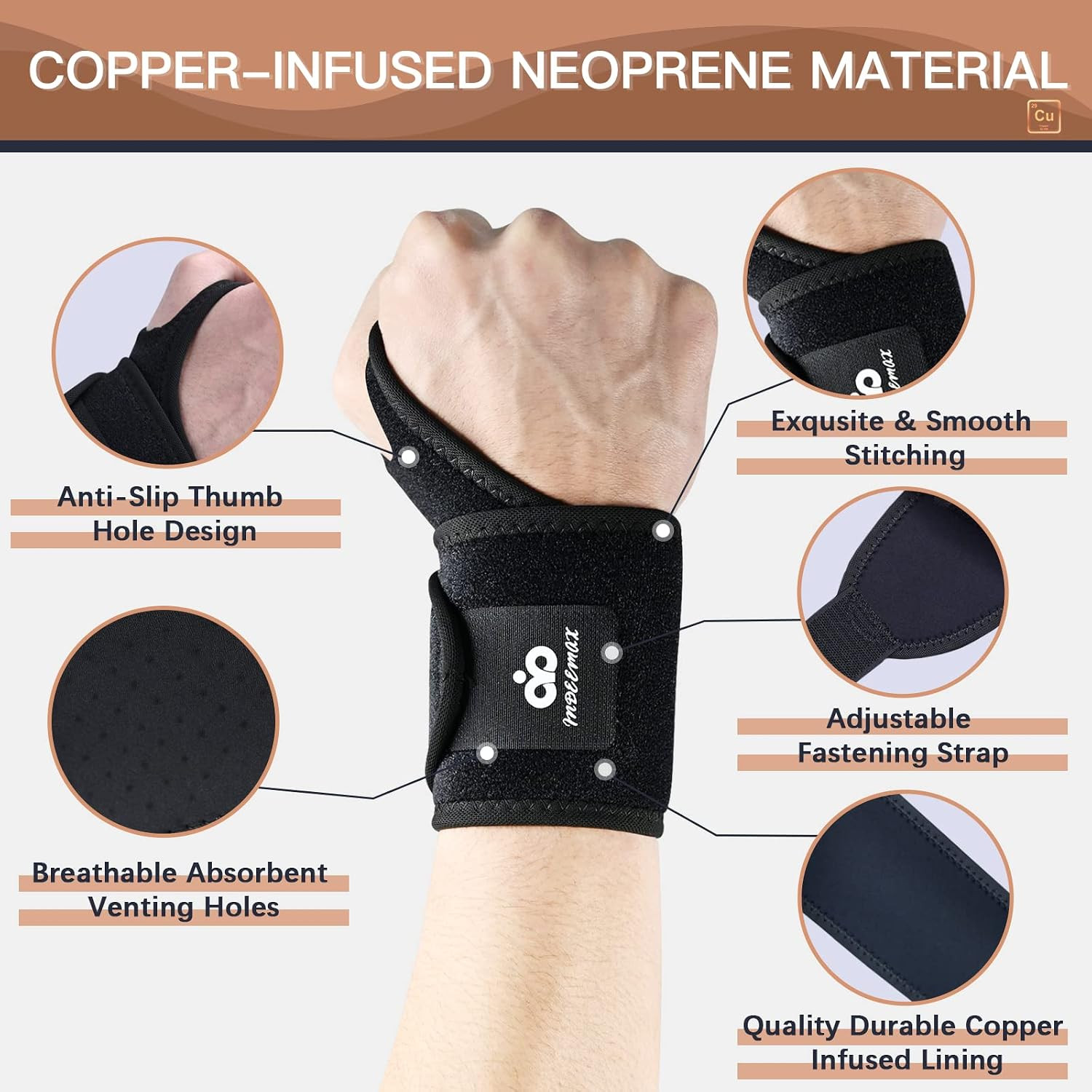 2 Pack Copper Wrist Brace Support for Carpal Tunnel, Pain Relief, Arthritis, Ten