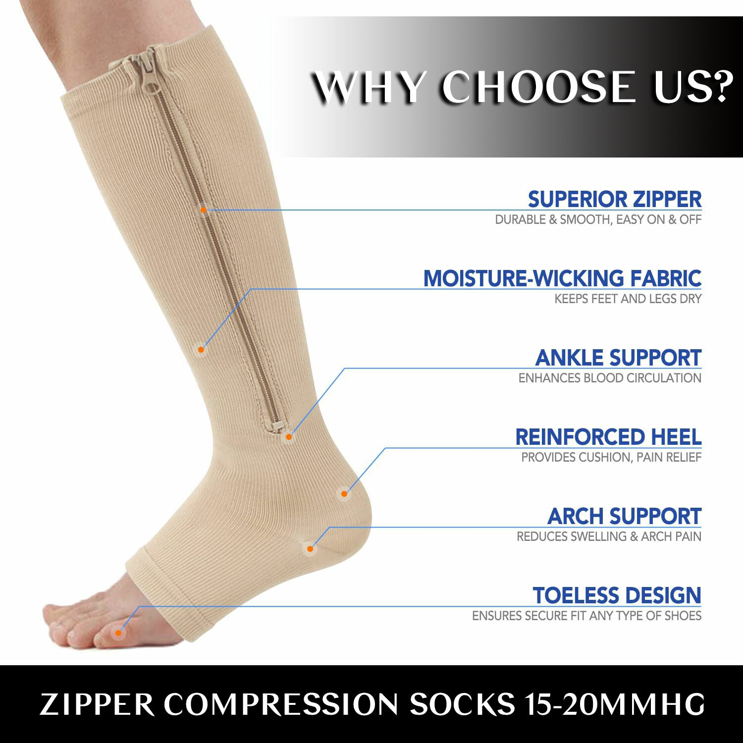 Open Toe Compression Socks 1-6 Pairs Calf Knee High Zipper Compression Stockings