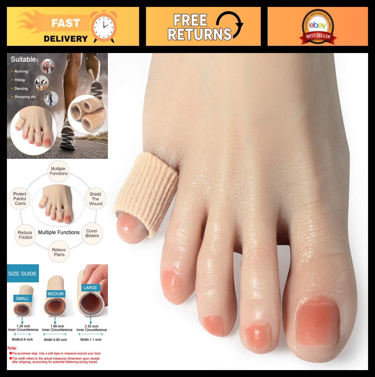 Cuttable Toe Tube Sleeves 5 Pack – Small Elastic Gel Protectors for Pain Relief,