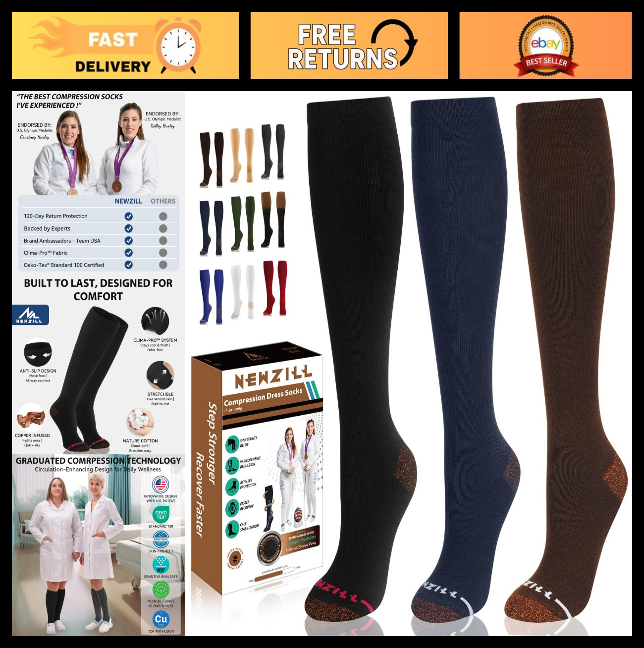 Compression Socks for Men & Women 15-20mmHg Cotton Rich, Odor Control, Medical S
