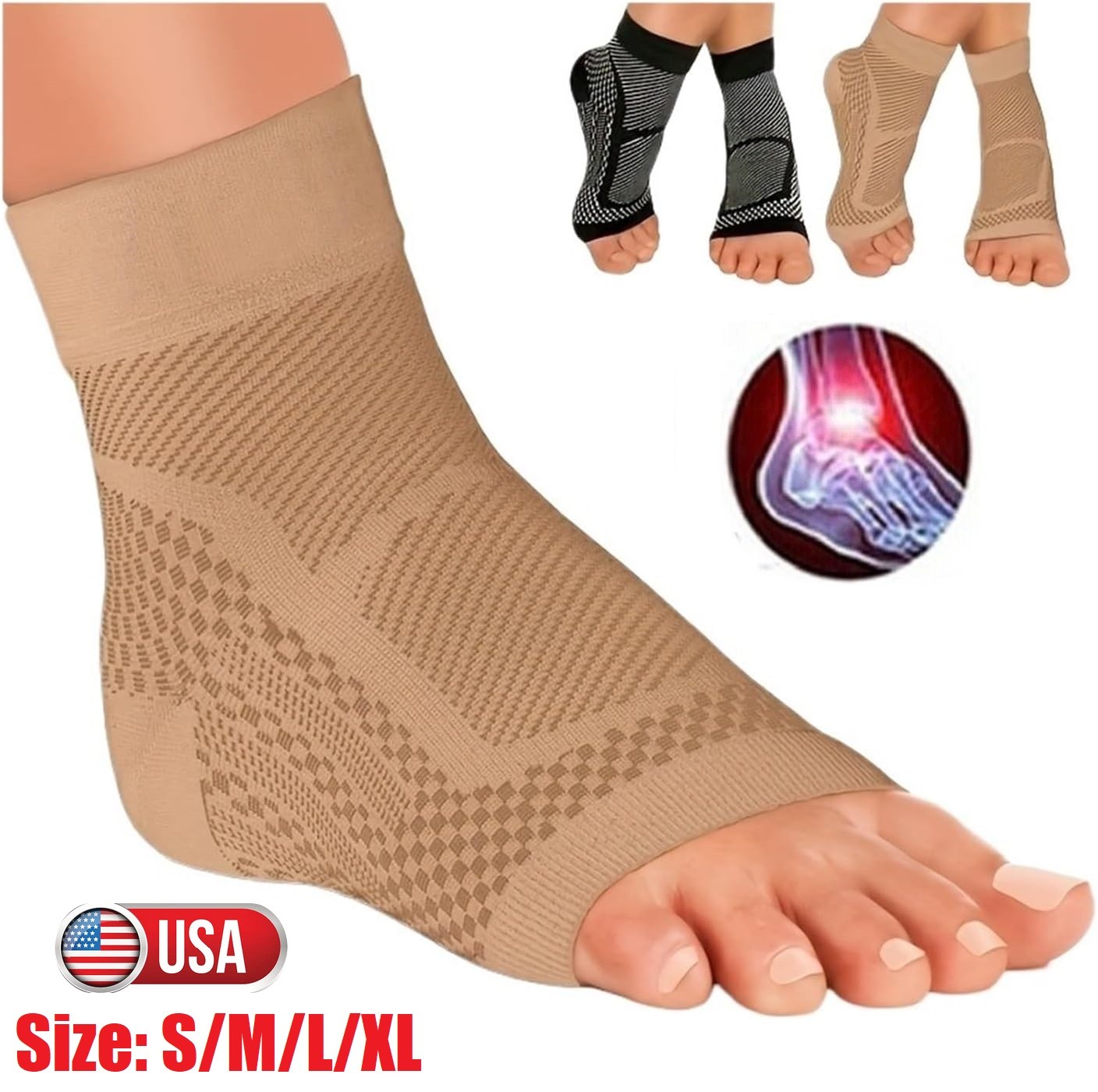 2× Compression Socks Open Toe Socks Ankle Arch Support Planter Fasciitis Pain US