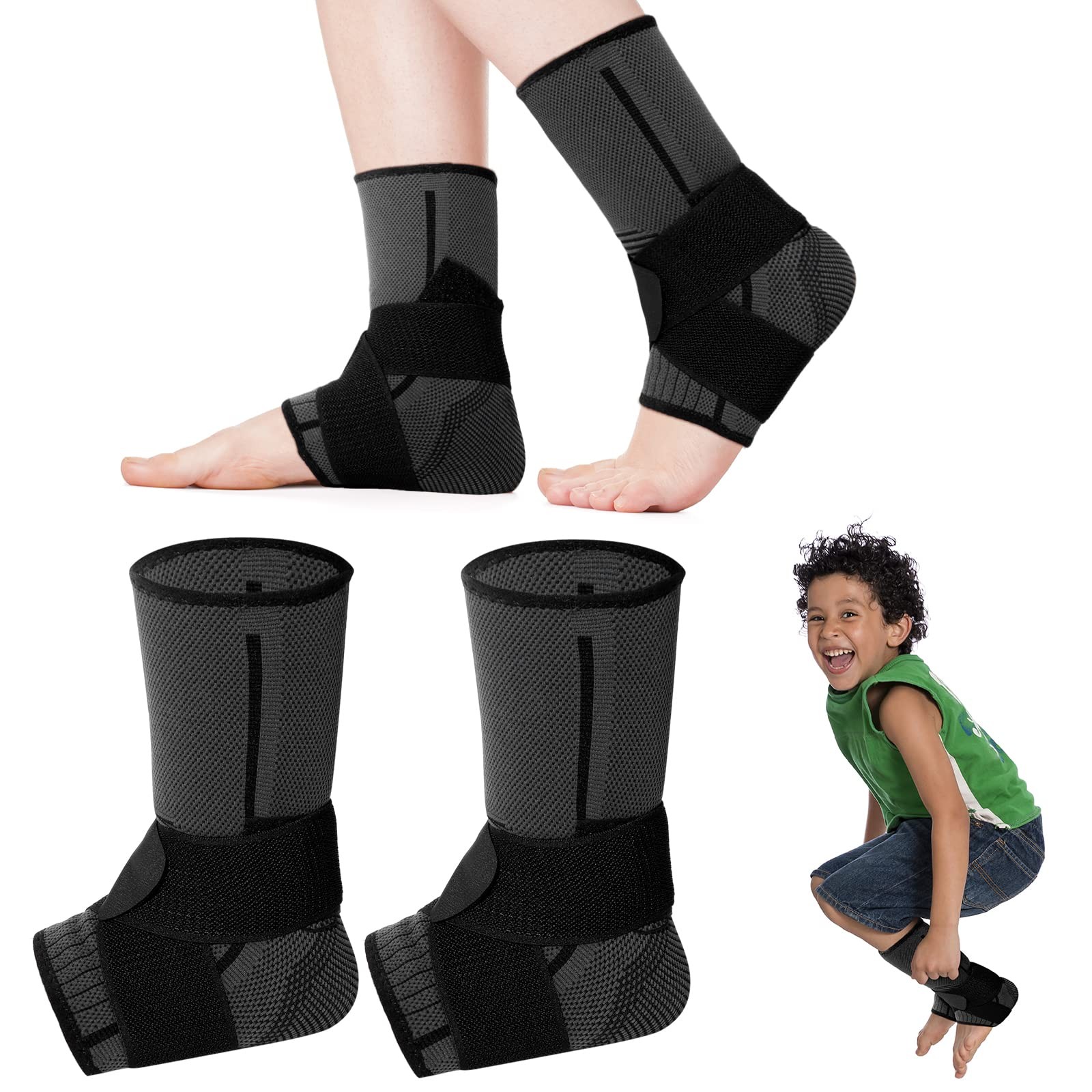 1 Pair Ankle Brace Kids Compression Sleeves Adjustable Foot Support Black XS
