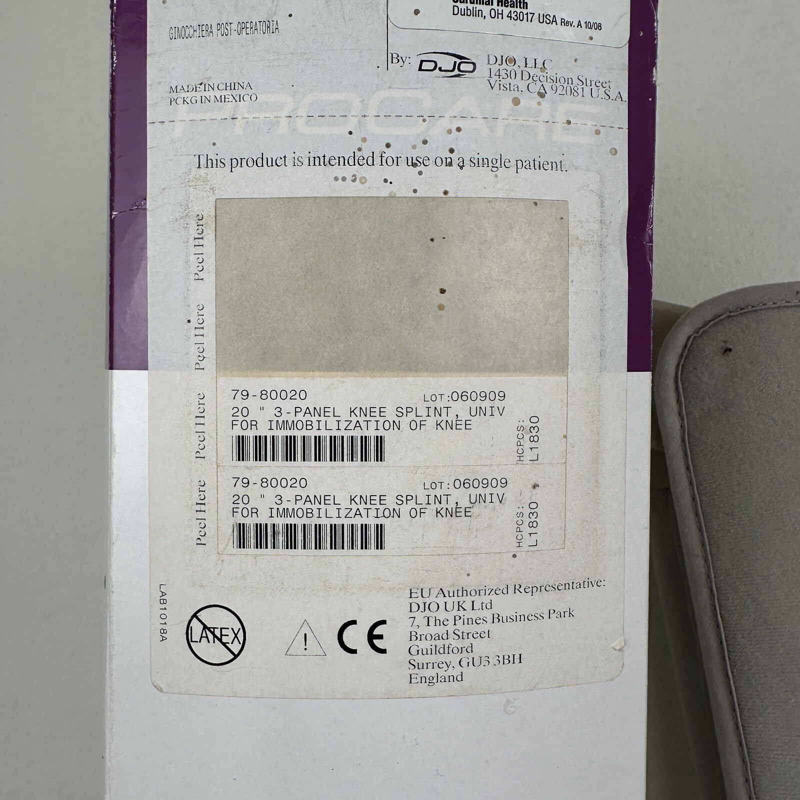 Procare Djo 20″ Knee Splint 3 Panel # 79-80020 Universal Unisex Immobilizer EUC